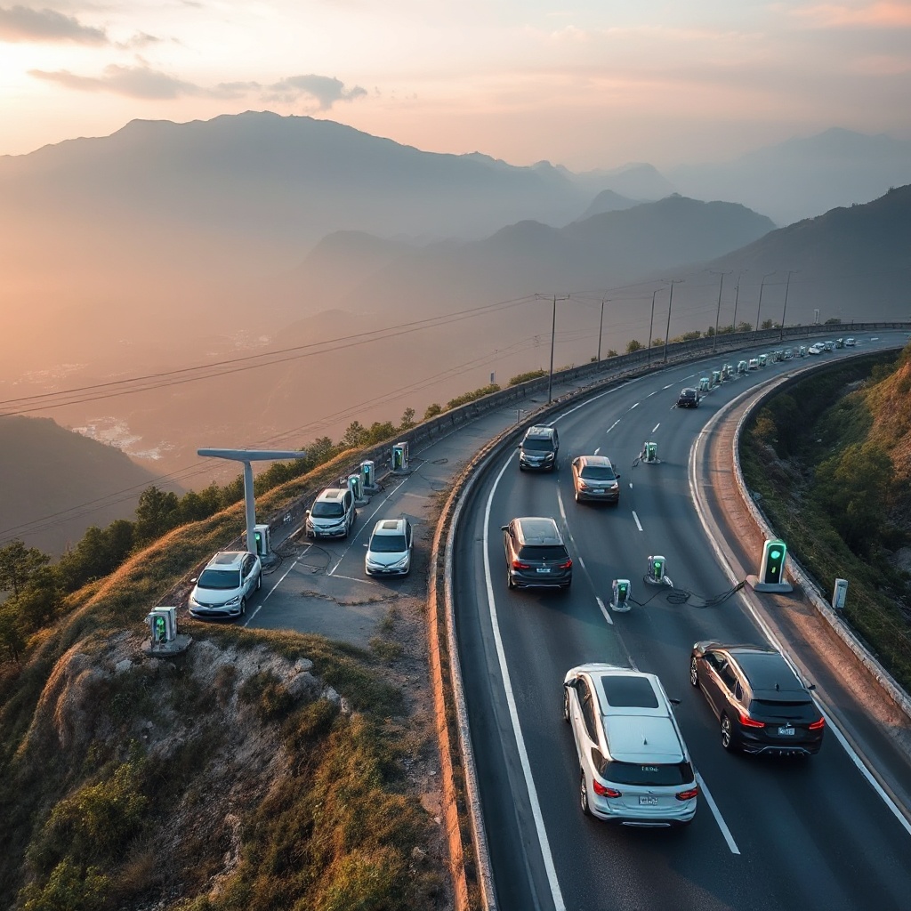 An aerial view of an extensive charging station network along an Asian highway with multiple electric vehicles charging simultaneously, showcasing the scale of infrastructure development supporting the 800V revolution, with mountainous landscape in the background.