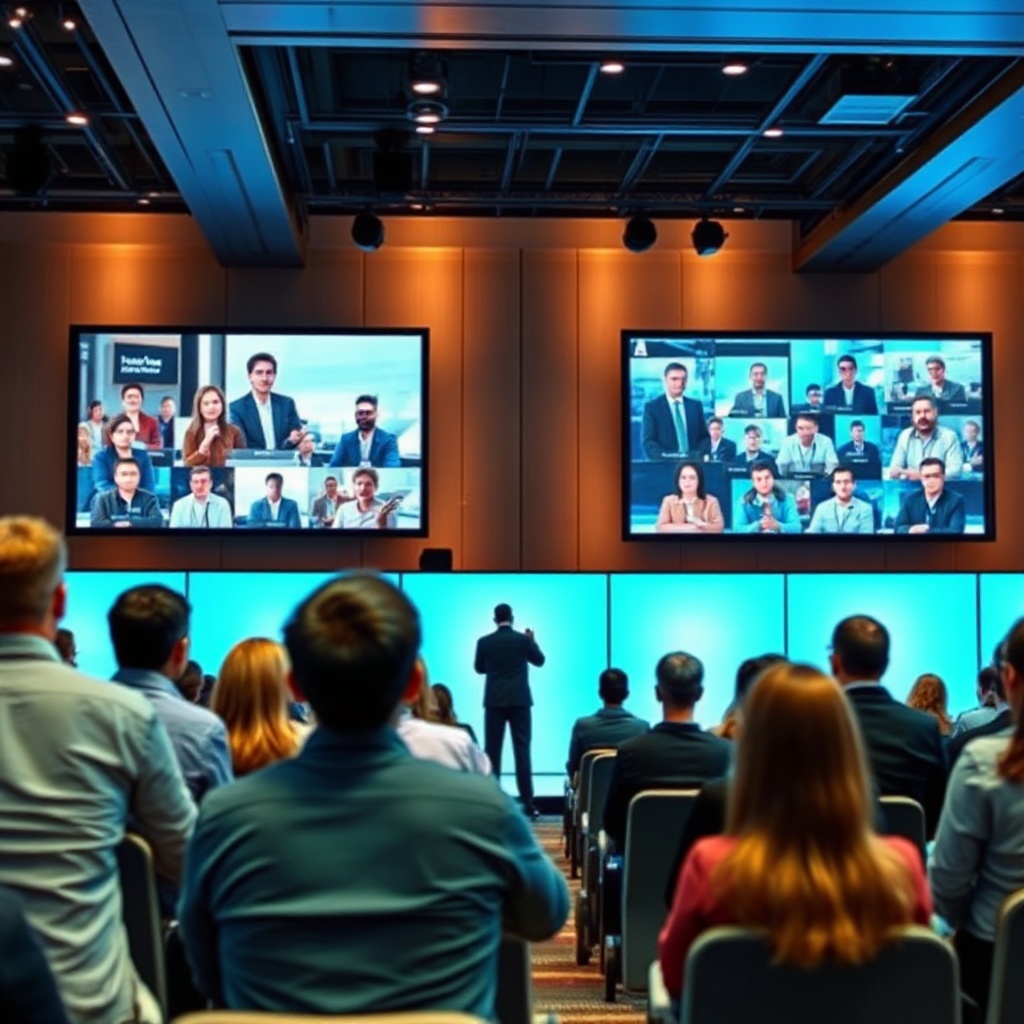 A modern conference setting showing both in-person attendees engaged in the physical space and large digital screens displaying virtual participants. The scene captures interaction between both audiences with a presenter addressing both groups simultaneously, highlighting the seamless integration of physical and digital experiences in a high-tech environment.
