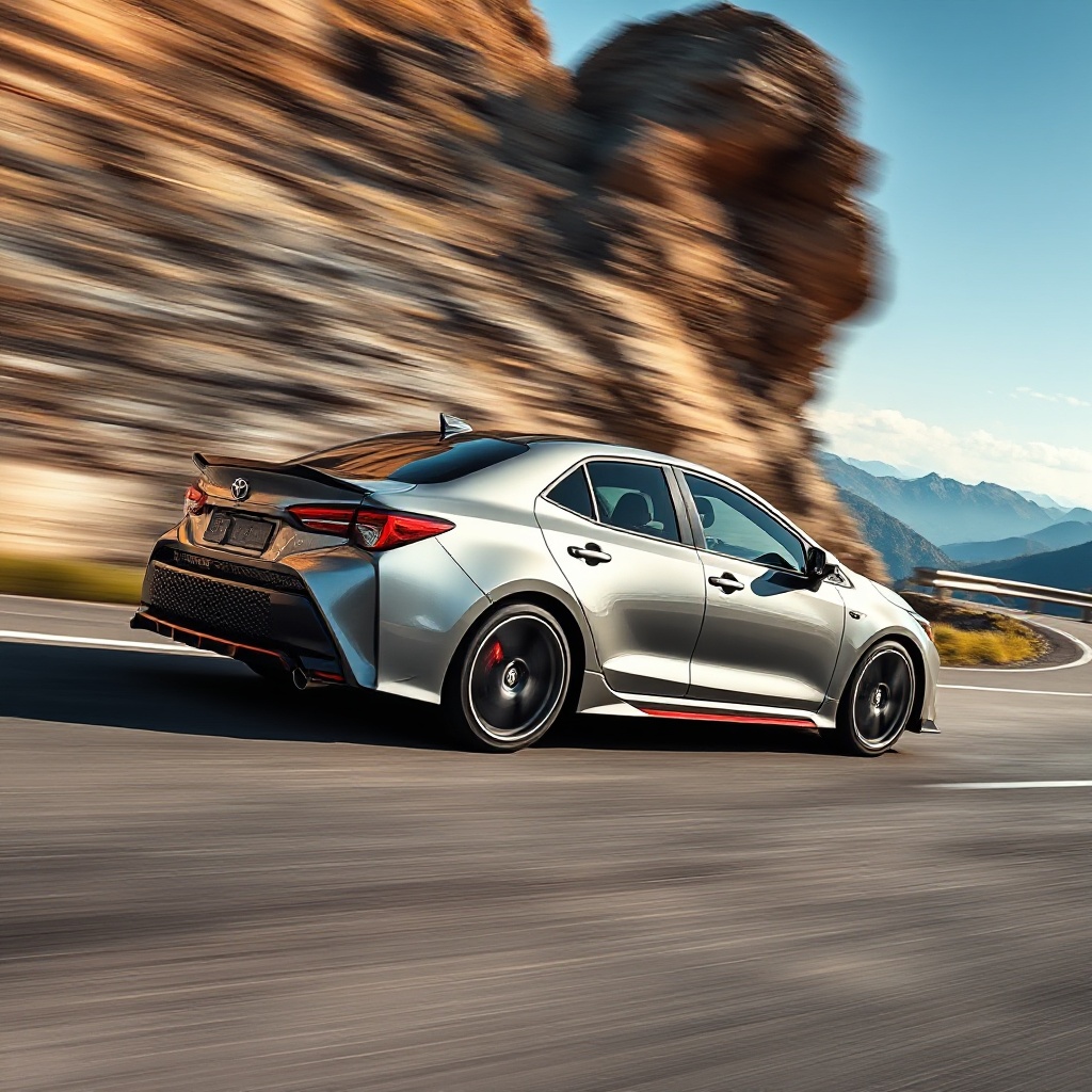 A dramatic side profile of the Toyota GR Corolla in motion on a winding mountain road, showcasing its aggressive stance, flared wheel arches, and distinctive GR badging. The car is captured with dynamic motion blur against a backdrop of scenic landscape, emphasizing the vehicle's sporty character and driving excitement that epitomizes Toyota's 'no more boring cars' philosophy.
