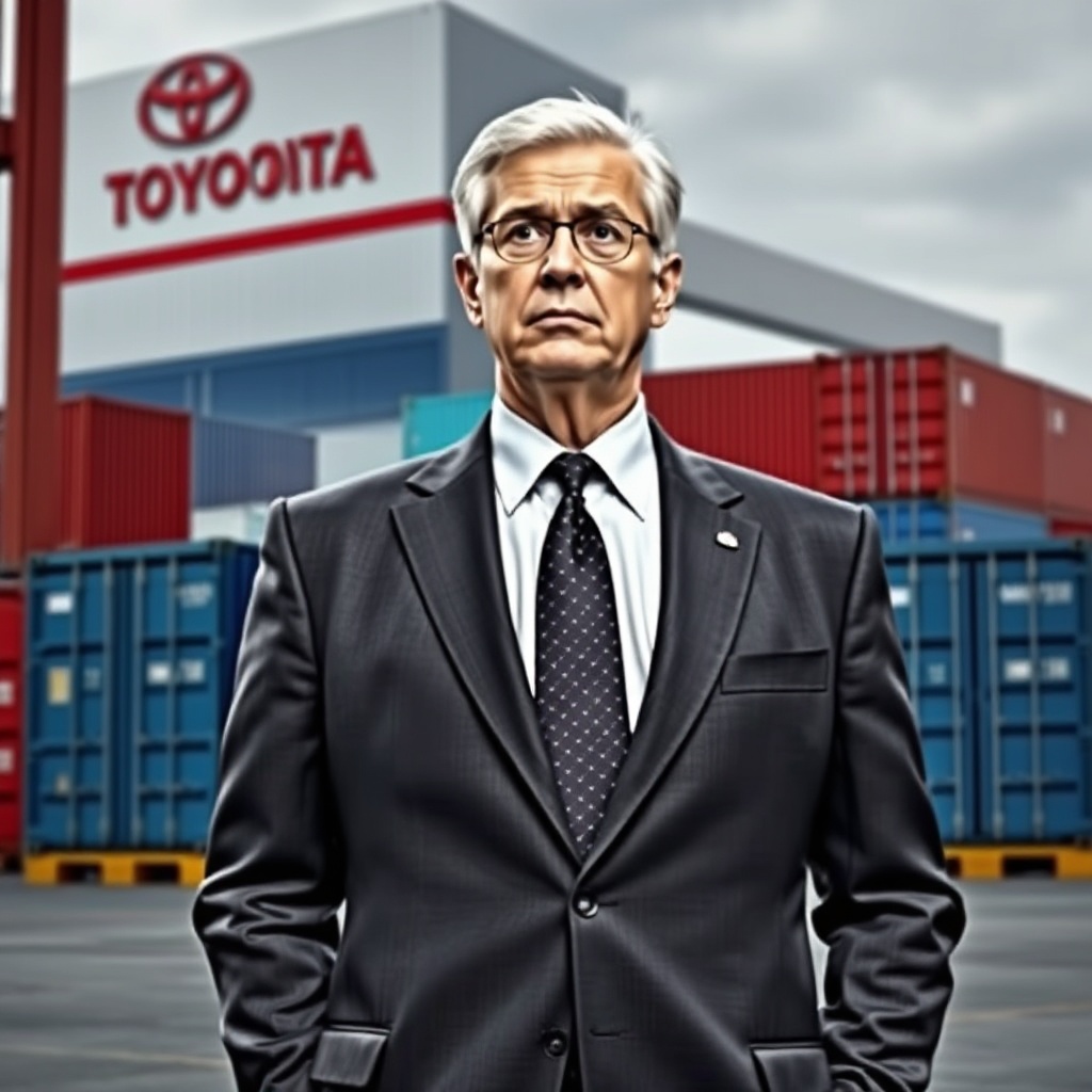 A concerned Toyota executive in a business suit standing in front of a Toyota manufacturing facility with shipping containers in the background, illustrating the company's import challenges and tariff concerns.