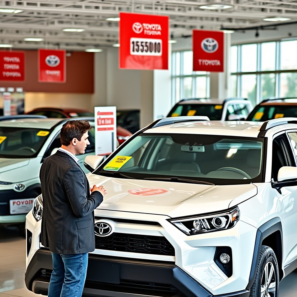 A showroom display of Toyota vehicles affected by tariffs (Prius, RAV4 Plug-In, Tacoma, Land Cruiser) with price tags prominently displayed, showing a car salesperson explaining costs to a worried-looking customer.