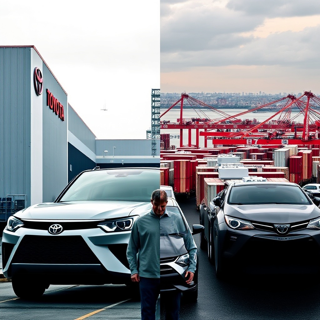 A split image showing Toyota's U.S. manufacturing plant (Georgetown, Kentucky) on one side and imported Toyota vehicles at a port facility on the other, representing the company's manufacturing strategy decisions.