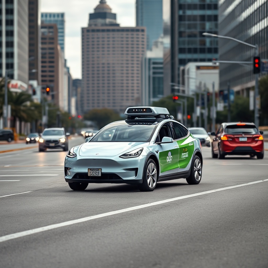 A Tesla Model Y with 'Robotaxi' markings operating on a street in Austin, Texas, showing the vehicle without any driver but with visible cameras and sensors. The cityscape of downtown Austin is visible in the background, with the vehicle appearing to navigate through light traffic.
