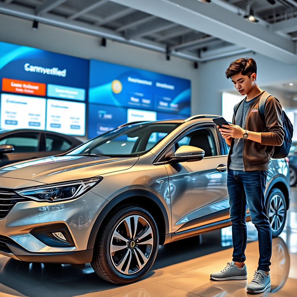 A young Malaysian professional in casual attire using a smartphone to complete a SPayLater transaction for a car downpayment, standing next to a shiny Carro Certified pre-owned vehicle in a modern showroom with digital displays showing payment options in the background.