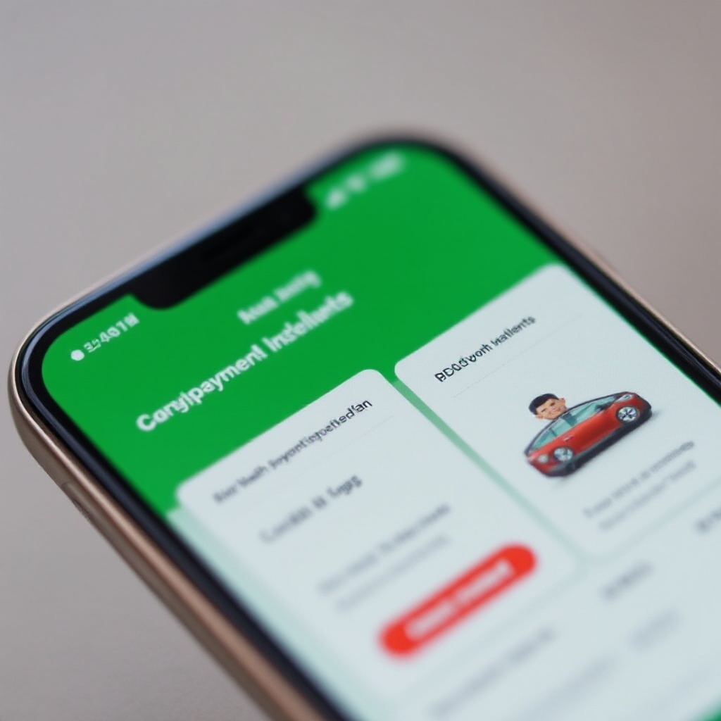 A close-up view of a smartphone screen displaying the SPayLater interface with car downpayment installment plans clearly visible, showing the 12-month interest-free option and RM200 discount promotion for Carro vehicles.