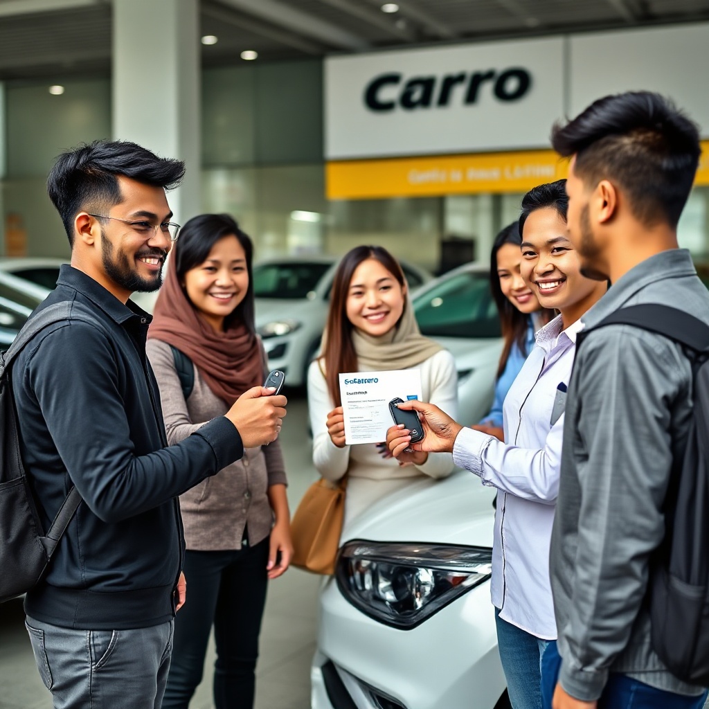 A diverse group of young Malaysian car buyers (representing different ethnicities) receiving car keys from a Carro sales representative outside a Carro showroom with several certified pre-owned vehicles on display, with one person showing their completed SPayLater transaction to others.