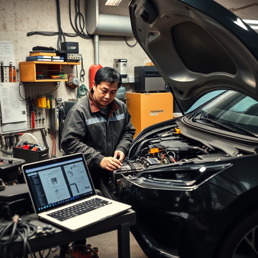 A Chinese independent EV mechanic in a small workshop attempting to repair an electric vehicle battery pack. Tools and diagnostic equipment are scattered around the workspace, while a laptop displaying technical schematics sits nearby. The mechanic looks concerned as they work carefully on the complex components, with the hood of a modern Chinese EV open and visible.
