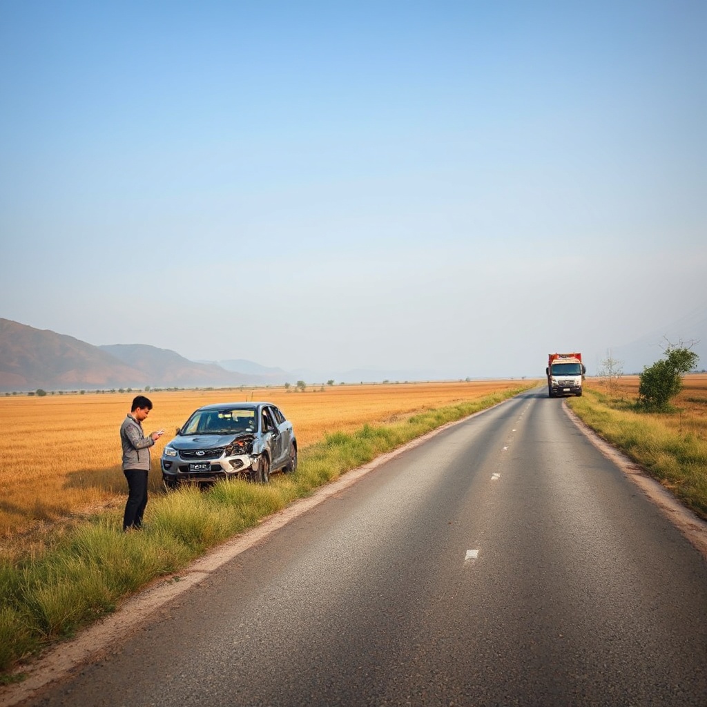 A rural Chinese landscape showing a broken-down electric vehicle on a remote country road far from any city. A frustrated owner stands beside the vehicle looking at their phone, while in the distance, a tow truck approaches. The contrast between the high-tech electric vehicle and the remote rural setting highlights the access challenges faced by EV owners outside major urban centers.