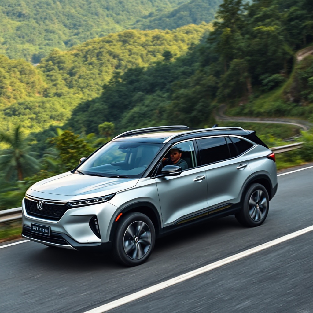 A sleek Jaecoo J7 PHEV in Moonlight Silver with black roof, showcasing its premium off-road SUV styling, driving on a scenic Malaysian mountain road with lush green tropical vegetation in the background. The vehicle's distinctive LED headlights and 19-inch aero aluminum wheels are prominently visible.