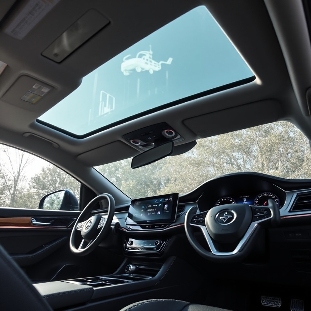 An interior shot of the Jaecoo J7 PHEV showing the premium black trim, 14.8-inch touchscreen infotainment system, and 10.25-inch LCD instrument cluster. Natural light streams in through the panoramic sunroof, highlighting the spacious and technology-rich cabin with dual-zone climate controls visible.