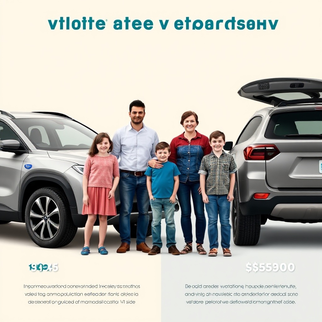 A comparison visual showing a typical Australian family standing between two vehicles - an electric SUV and a traditional petrol SUV of similar size - with price tags visible, illustrating the affordability challenge but also the growing availability of EV options in popular vehicle categories.