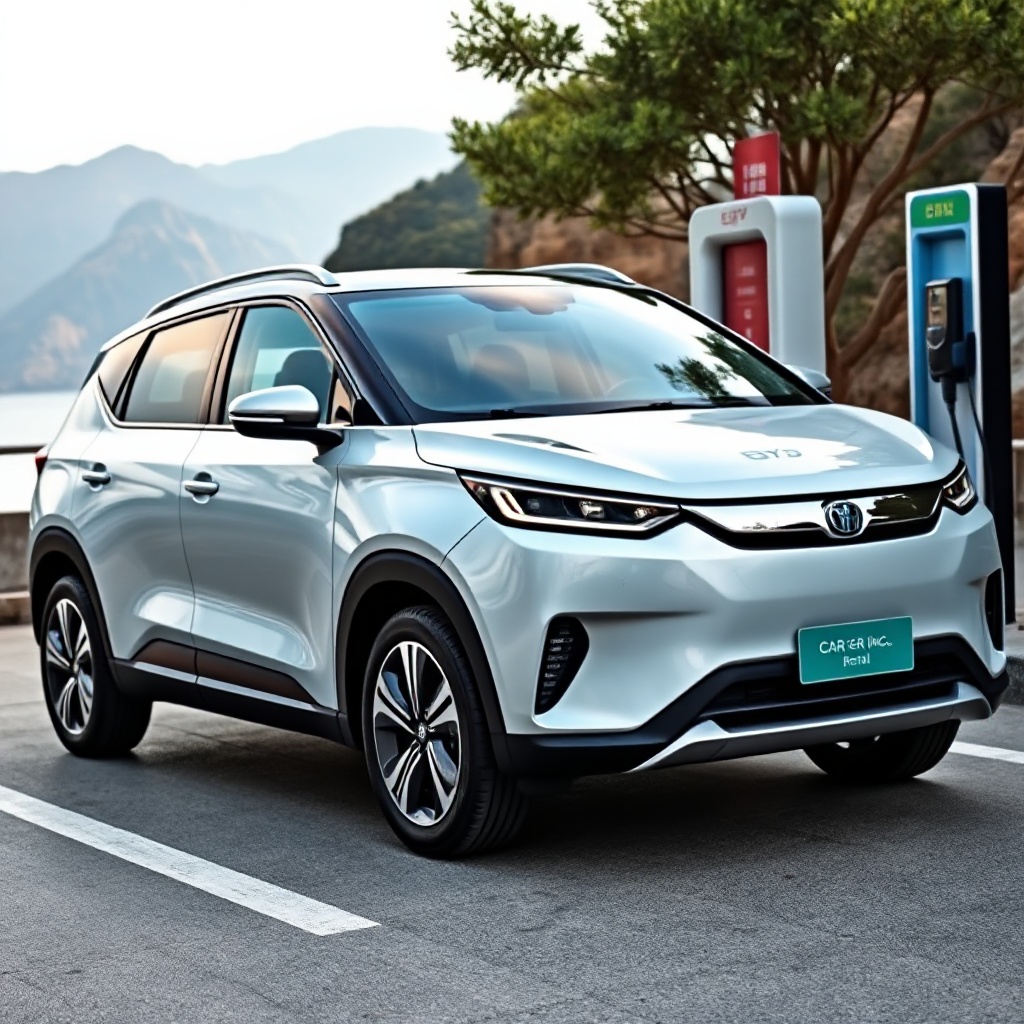 A sleek, modern BYD electric vehicle parked at a charging station with a CAR Inc. rental logo visible on the vehicle, showing the partnership in action. The background shows a scenic Chinese summer tourism destination with mountains or coastal scenery.