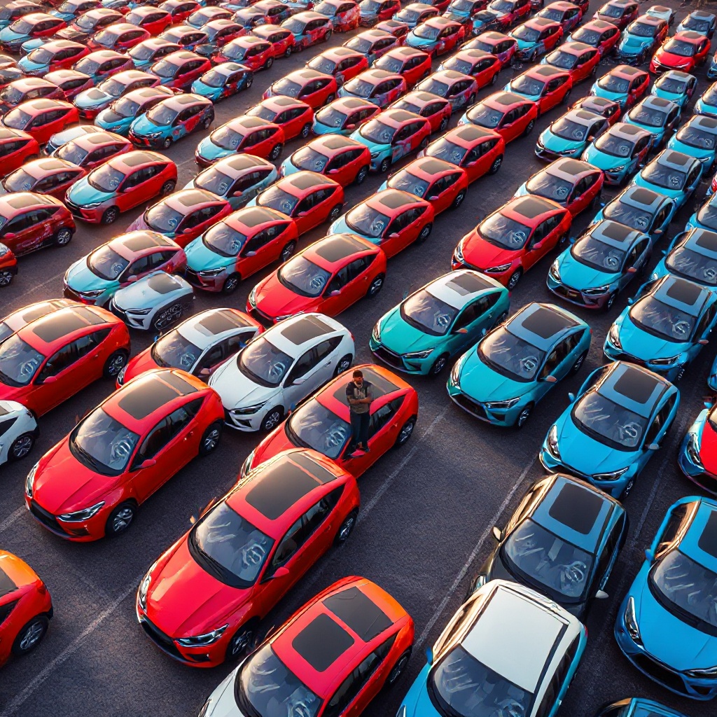 An aerial view of a large rental car lot featuring rows of various BYD electric vehicle models in CAR Inc.'s distinct branding colors, demonstrating the scale of the fleet expansion for the summer travel season.