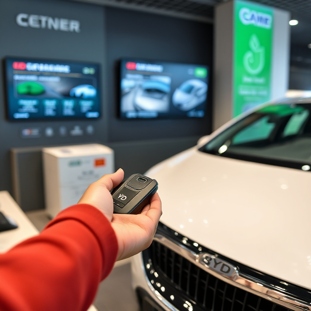 A close-up shot of a customer receiving keys to a BYD Fangchengbao BAO 8 at a CAR Inc. rental counter, with digital displays showing the vehicle's features and sustainability benefits in the background.