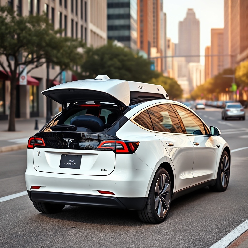 A sleek white Tesla Model Y operating as part of the robotaxi fleet on a sunny Austin street, with the downtown Austin skyline visible in the background. The vehicle is clearly marked as a Tesla robotaxi with subtle branding, and shows no driver behind the wheel while a passenger enters the vehicle.