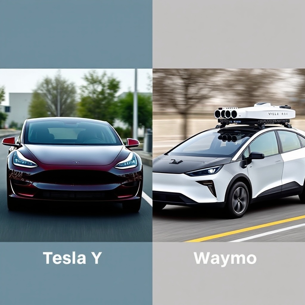 A split-screen comparison showing Tesla's camera-based approach versus Waymo's hardware-heavy setup. On the left, a Tesla Model Y with its discreet cameras integrated into the vehicle's design. On the right, a Waymo vehicle with prominent lidar and sensor arrays mounted on the roof and sides, illustrating the different technological approaches to autonomous driving.