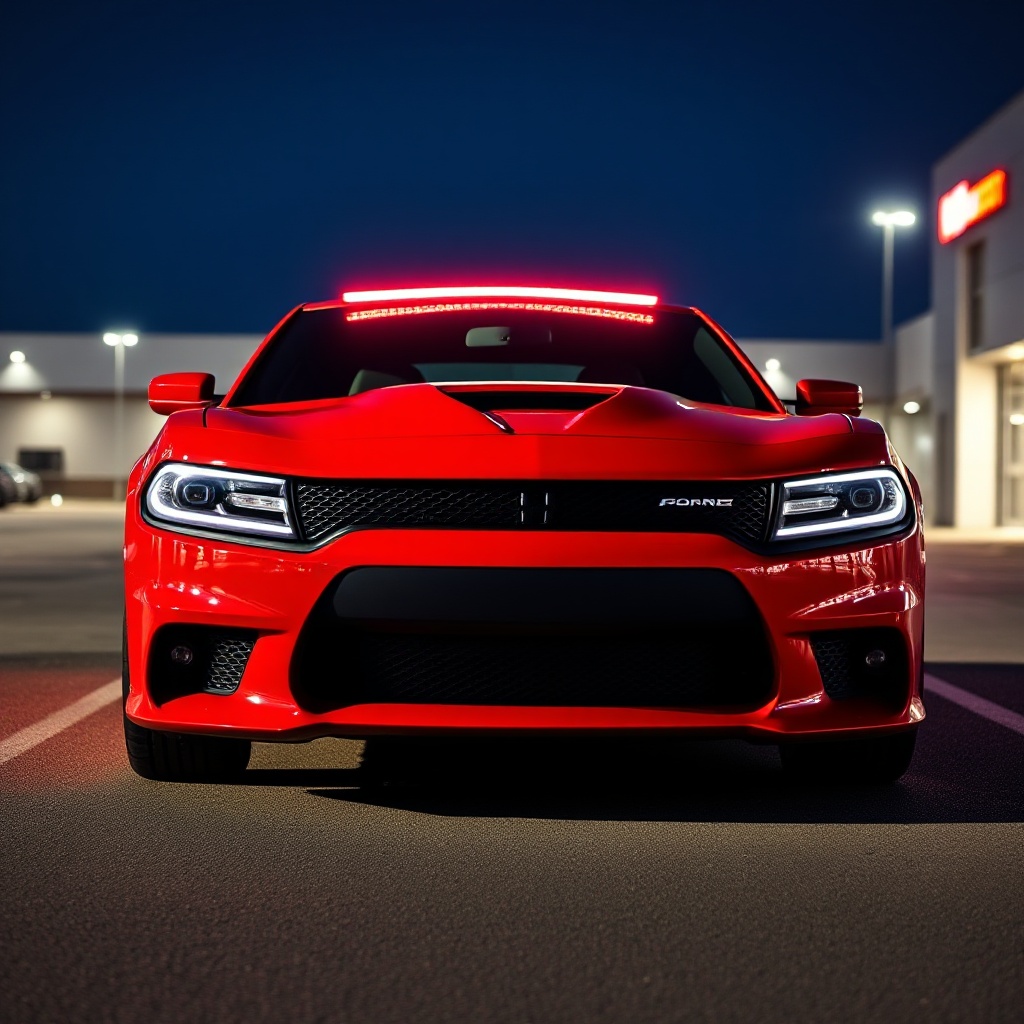 A Dodge Charger Daytona R/T electric vehicle in bright red or Dodge's signature 'TorRed' color, photographed from a three-quarter front angle with dramatic lighting in front of an empty dealership lot, showing the distinctive LED light bar and aggressive styling that failed to win over traditional muscle car buyers.