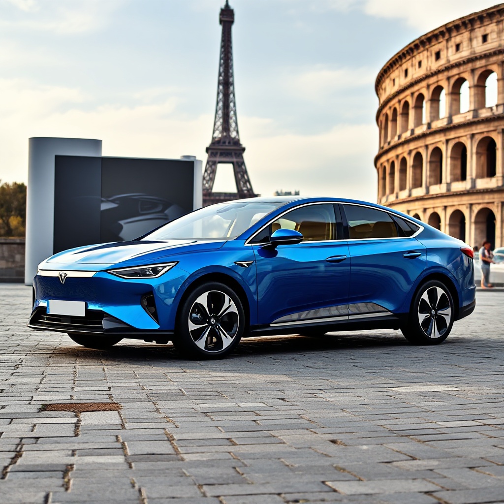 A sleek blue BYD Seal electric sedan parked in front of iconic European architecture such as the Eiffel Tower or Colosseum, with a Tesla Model 3 visible in the background, symbolizing the changing of the guard in Europe's EV market. The image should capture the modern styling of the BYD vehicle against the historic European backdrop, highlighting the meeting of Chinese automotive innovation with European tradition.