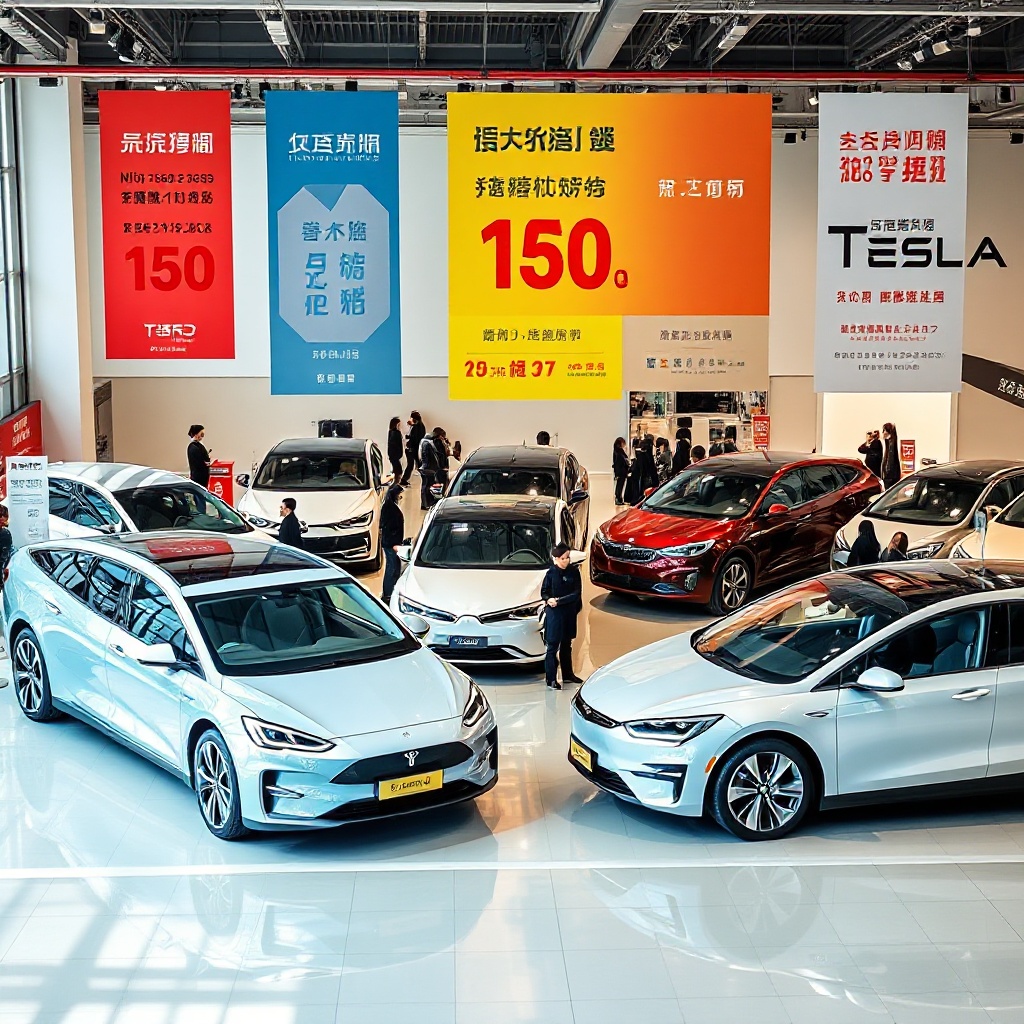 A dramatic visual of multiple Chinese electric vehicles from different manufacturers (BYD, Nio, Xpeng, Li Auto, and Tesla) displayed in a showroom with prominent price discount banners and promotional materials in Chinese and English. The modern, high-tech vehicles should be arranged to show scale and competition, with shoppers examining the vehicles in a busy dealership environment.