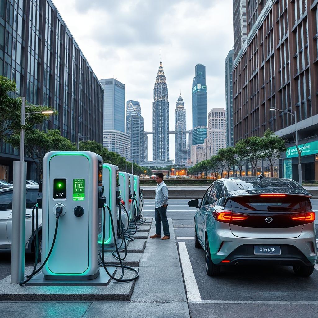 A modern electric vehicle charging station in a Malaysian urban setting, with multiple charging points and EVs connected. The scene should include distinctive Malaysian city architecture in the background, with the charging station prominently featuring both AC and DC chargers with glowing status indicators.