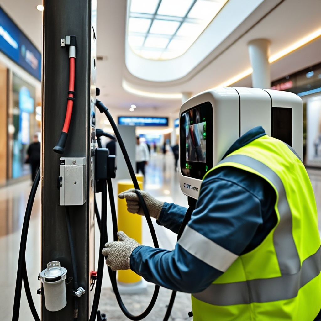 A technician installing a new EV charging point at a Malaysian shopping mall or public facility. The image should show the installation work in progress with tools and equipment visible, demonstrating the infrastructure development effort.