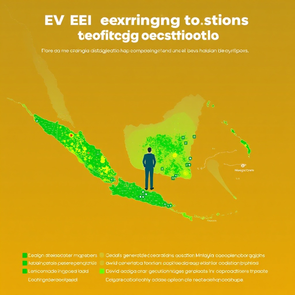 A map visualization showing the distribution of EV charging stations across Malaysia, with higher concentrations in urban areas like Kuala Lumpur, Penang, and Johor Bahru, and sparser coverage in rural regions. The visualization should represent Malaysia's distinctive geographical shape.