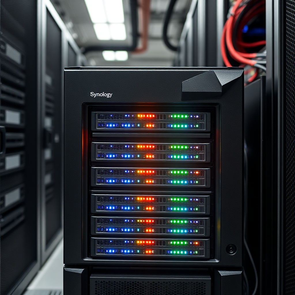 A close-up photograph of the Synology PAS7700 NVMe storage system in a data center environment, showing its sleek 4U chassis with the NVMe drive bays illuminated with status LEDs, with server racks visible in the background.