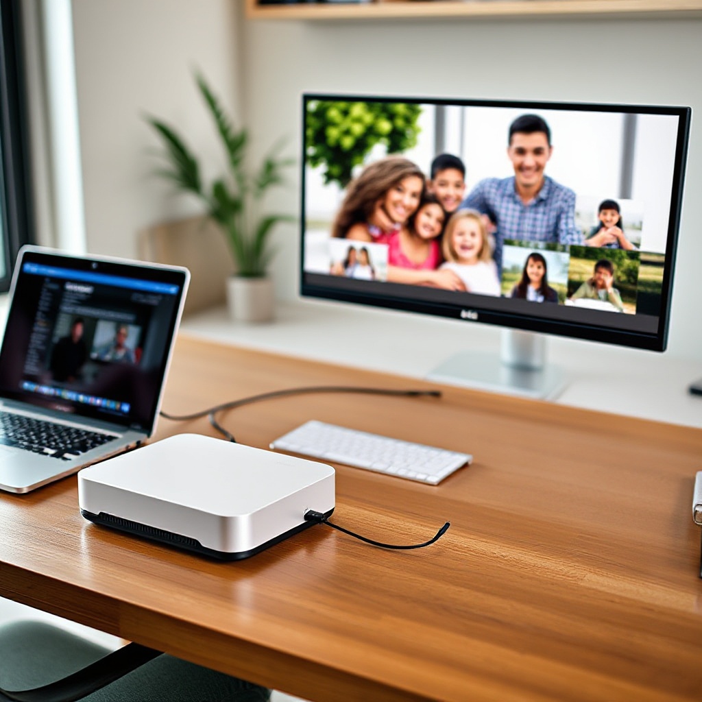 A lifestyle photo of the BeeStation Plus in a modern home office setting, showing the compact device connected to a laptop, with family photos displayed on a nearby monitor demonstrating its media capabilities.