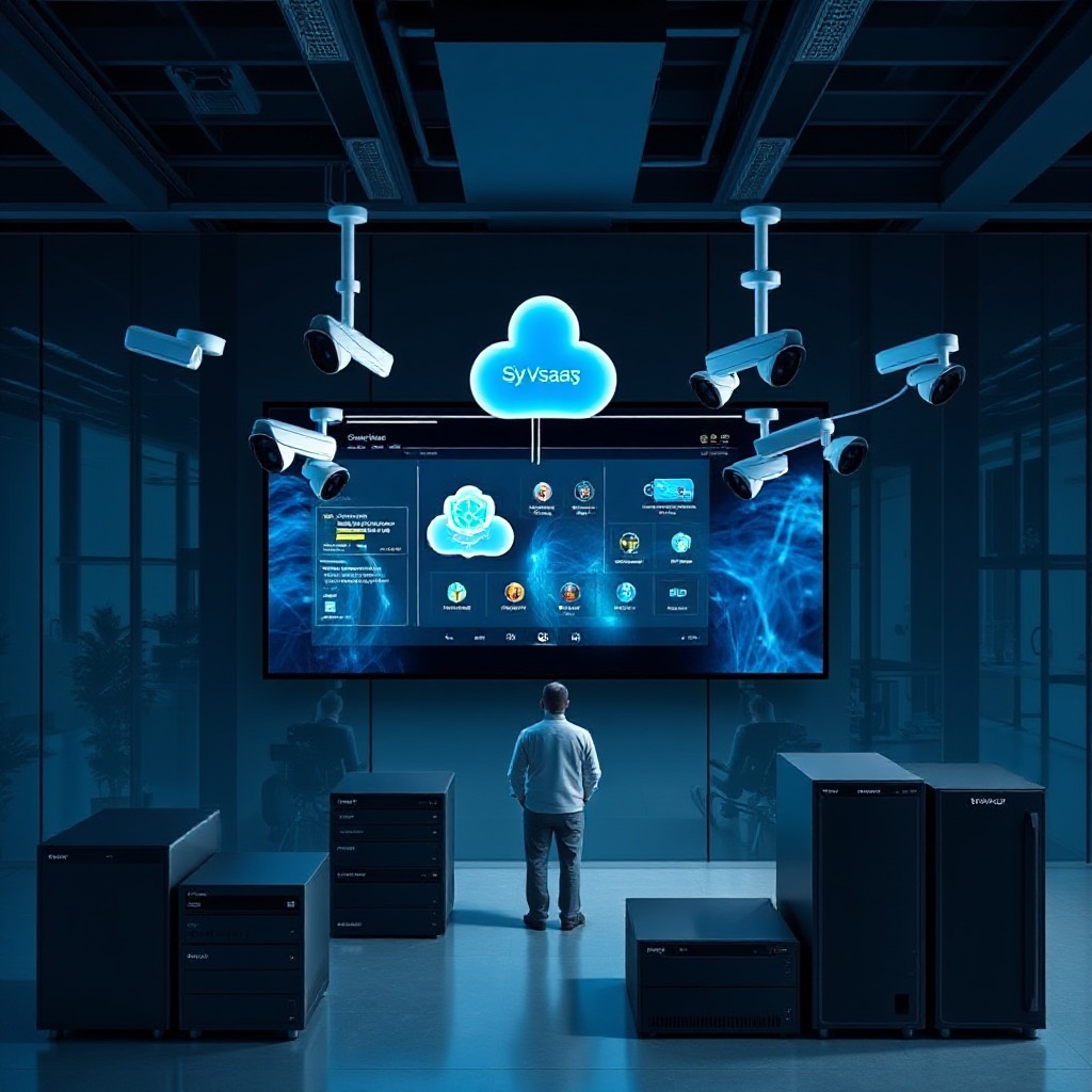 A professional visualization of Synology's complete ecosystem, showing the VSaaS cloud platform interface on a large monitor connected to multiple surveillance cameras, with the DP7200 data protection appliance and Plus series NAS devices arranged in an enterprise environment.