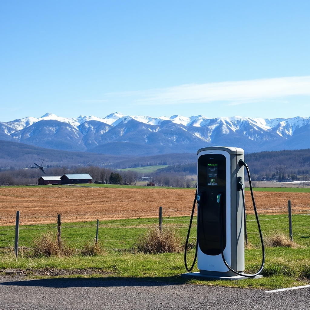 An electric vehicle charging station in a rural Vermont setting with snow-capped Green Mountains in the background, illustrating the challenges of EV infrastructure in rural areas. The charging station stands somewhat isolated with farmland visible nearby.