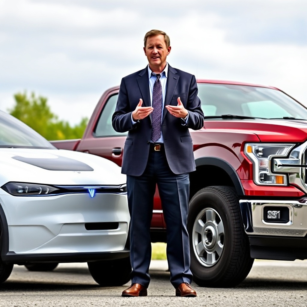 Governor Phil Scott standing next to both an electric vehicle and a traditional pickup truck, symbolizing the balance between new technology and practical rural transportation needs. The governor is wearing business attire and appears to be discussing the vehicles.