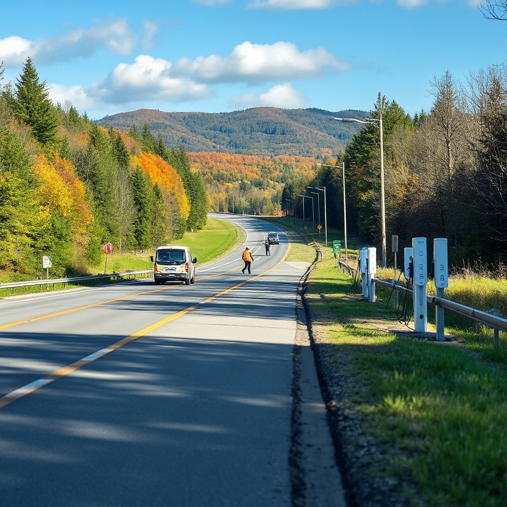 A Vermont highway with roadside charging infrastructure under construction, showing the early stages of the state's EV infrastructure development. Workers and construction equipment are visible with partially installed charging stations alongside a scenic Vermont road.