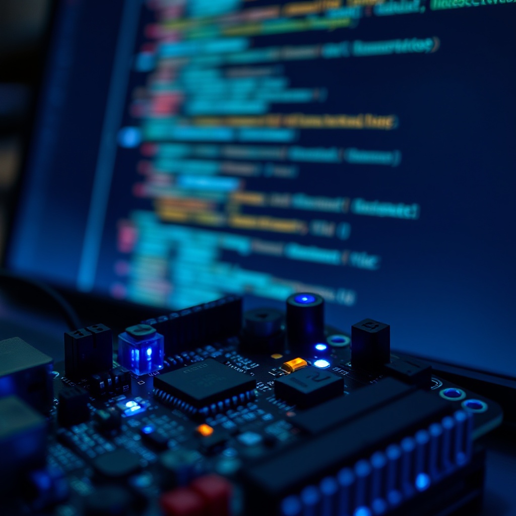 A close-up of a modern IoT development board with Rust code visible on a connected screen in the background. The circuit board should have multiple sensors and connectivity modules attached, with subtle blue light indicating it's powered on. The code on the screen should show Rust syntax with its characteristic safety features highlighted.