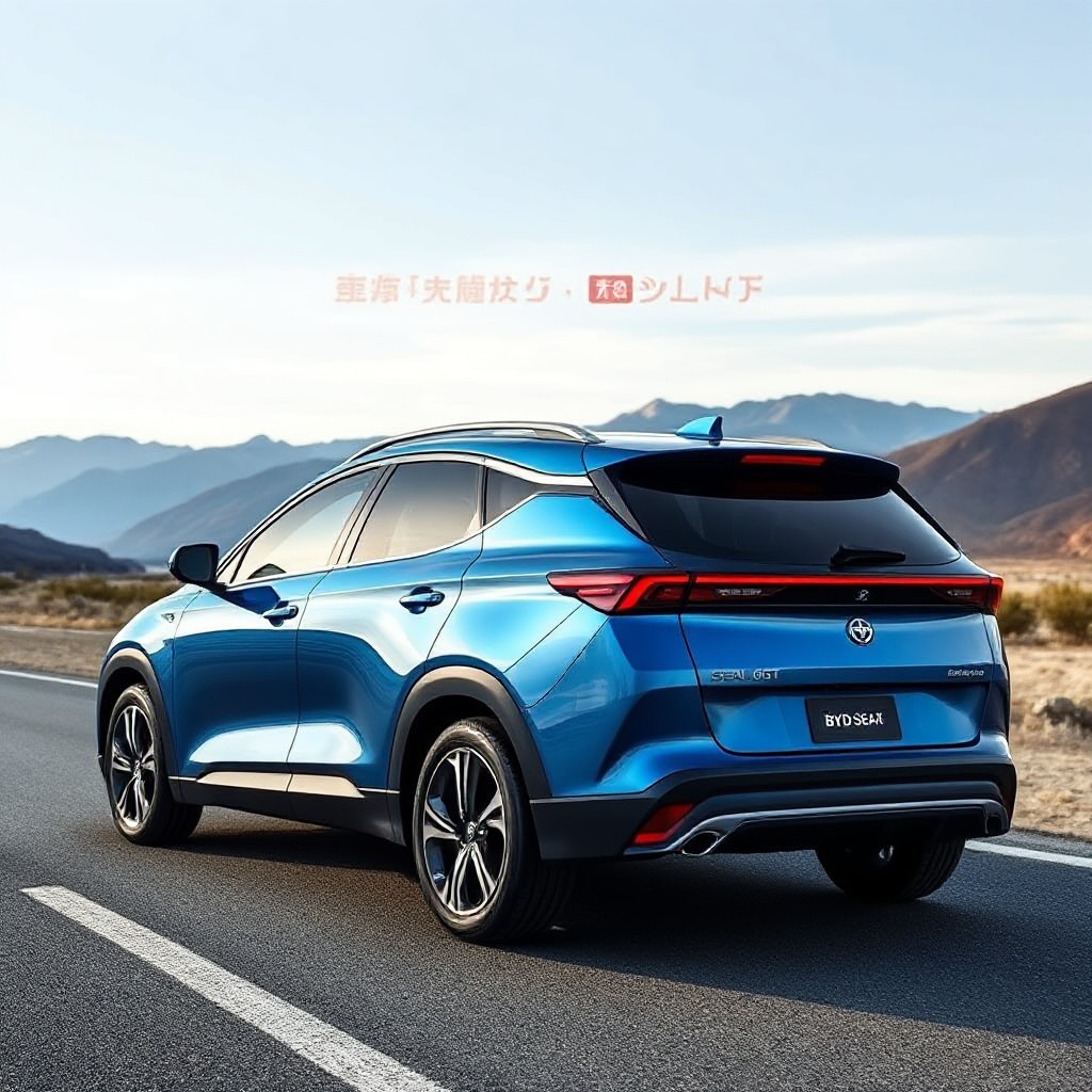 A sleek BYD Seal 06 GT electric hatchback in metallic blue color shown in 3/4 profile view, highlighting its aerodynamic design with distinctive Ocean Series styling elements including the wave-shaped taillight bar and sporty silhouette. The vehicle is positioned on an empty road with mountains in the background, emphasizing its performance capabilities and adventure-ready character.