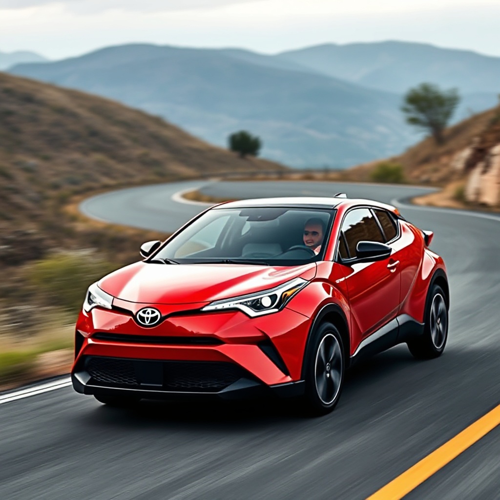 A dynamic three-quarter front view of the 2026 Toyota C-HR BEV in motion on a winding road, showcasing its sleek coupe-like profile with fastback design, hammerhead-inspired front fascia, and aerodynamic styling. The electric SUV should be shown in a vibrant color that highlights its sporty character, with its distinctive LED lighting signature illuminated against a scenic backdrop.