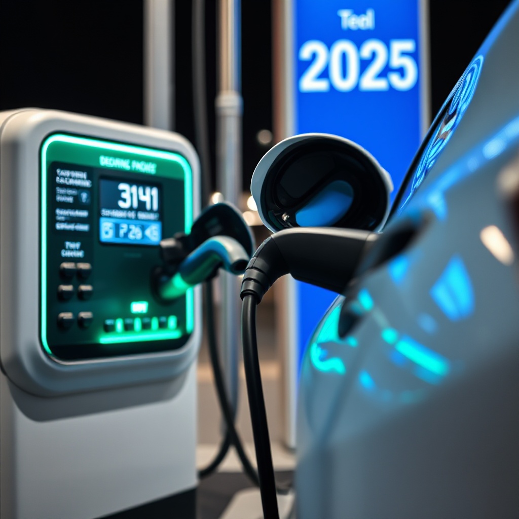 A close-up of an electric vehicle charging at a modern charging station with a visible price display showing tax credit information, with a calendar highlighting December 31, 2025 visible in the background, representing the deadline for EV tax incentives.