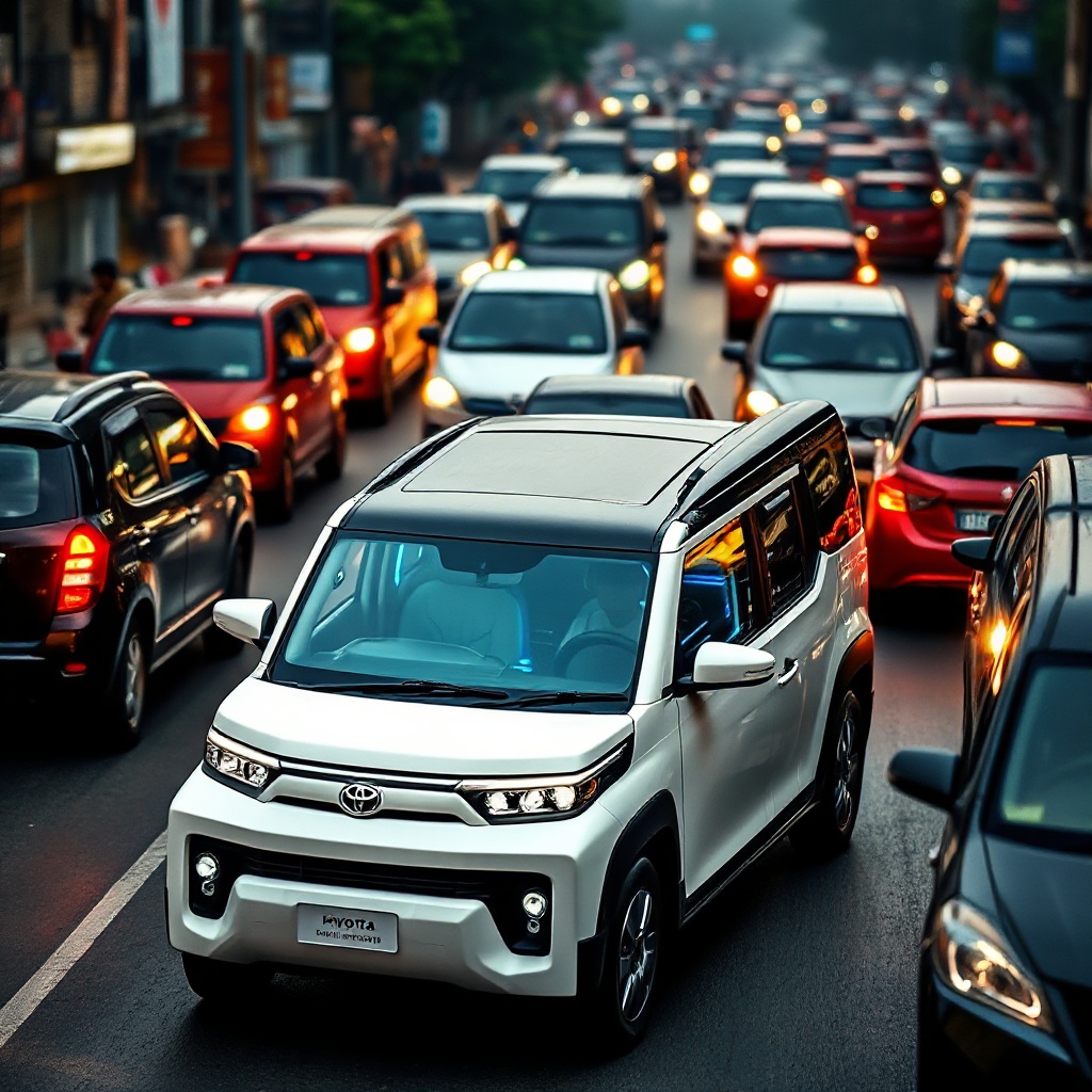A Toyota Urban Cruiser Hyryder in Cafe White with dual-tone black roof, driving on a congested urban street in Mumbai or Delhi during rush hour traffic, with the car clearly operating in EV mode (indicated by a subtle blue glow from the dashboard), surrounded by conventional vehicles in traffic, showcasing its ability to operate silently and efficiently in the most challenging urban environments.