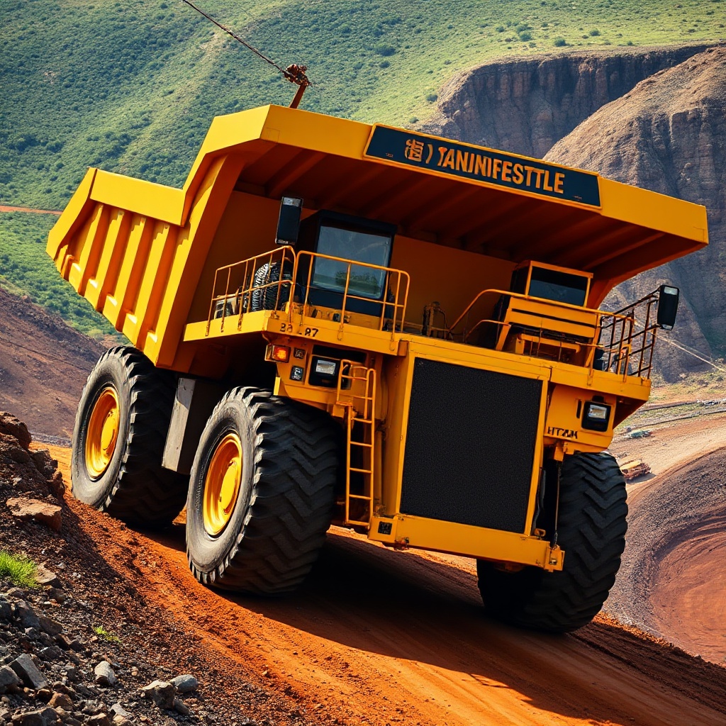 A massive 240-ton bright yellow Hitachi EH4000 electric mining haul truck operating at the Kansanshi copper-gold mine in Zambia, connected to overhead trolley-style charging lines as it climbs an incline, with open-pit mining operations and green hills visible in the background.
