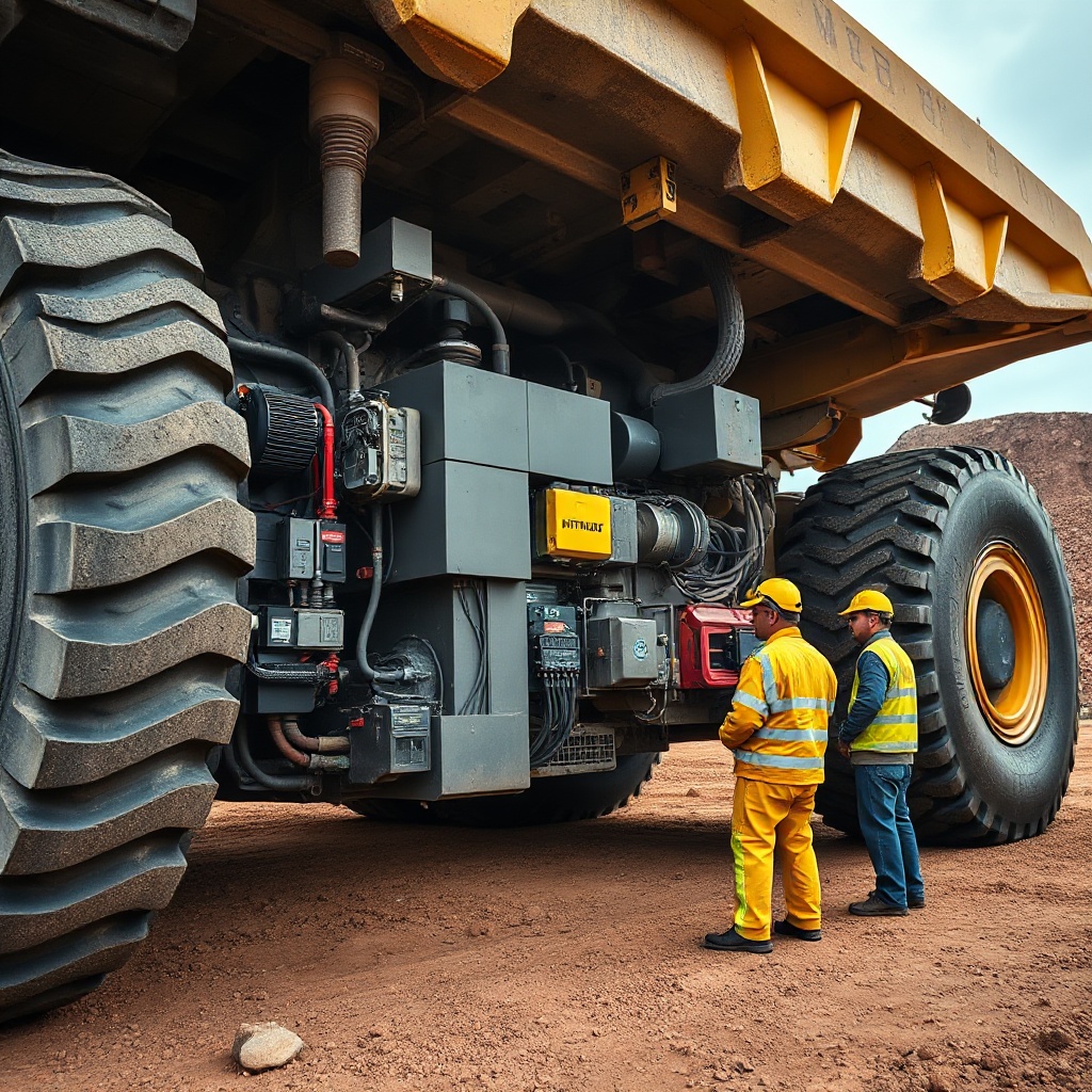 Close-up dramatic angle of the electric mining truck's massive tires and undercarriage showing the battery systems, with engineers from ABB, Hitachi, Komatsu and Sumitomo inspecting various components, against a backdrop of copper ore being loaded into the truck bed.