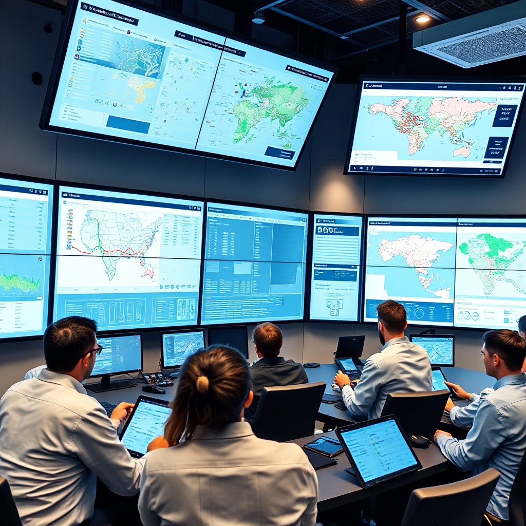 A modern fleet management control center with multiple large screens displaying real-time vehicle tracking, driver performance metrics, and route optimization maps. A diverse team of fleet managers is analyzing the data while some are using tablets to access the system remotely.