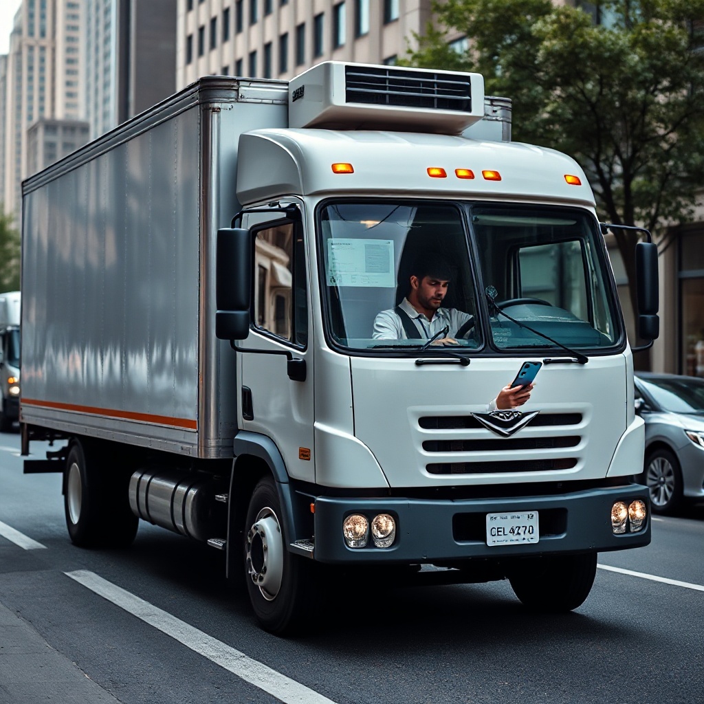 A commercial delivery truck with visible telematics equipment installed, including GPS tracker and dashboard camera. The vehicle is on a city street with a driver consulting a mobile app showing their performance metrics and optimal route.