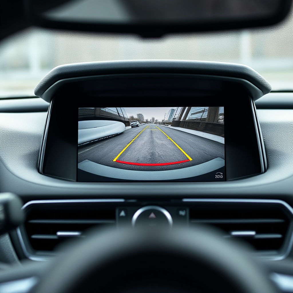 A close-up of a modern vehicle dashboard showing a black or frozen rearview camera display screen while the car is in reverse gear. The image shows the infotainment system with the backup camera area not functioning properly, with other dashboard elements visible to provide context.