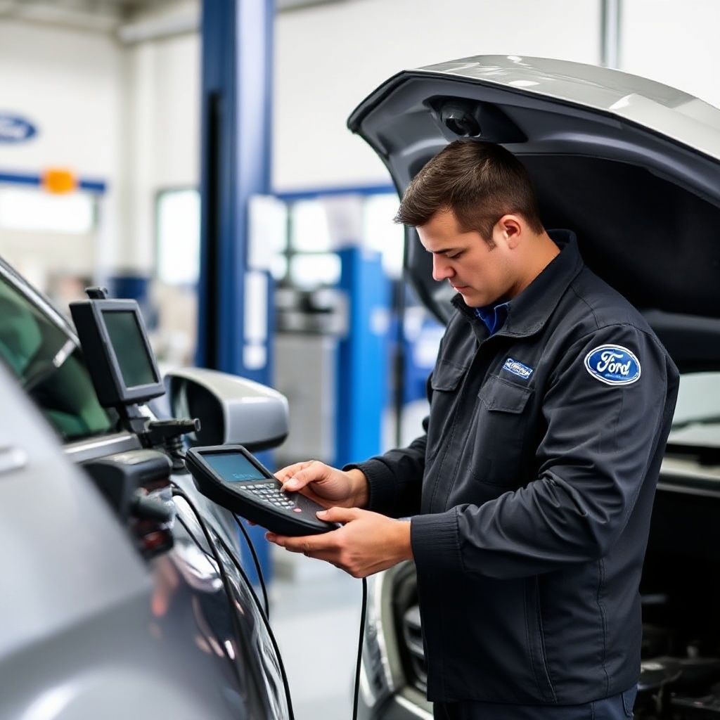 A technician in a Ford dealership service bay connecting a diagnostic device to a vehicle's OBD-II port to perform a software update on the Accessory Protocol Interface Module. The technician is wearing Ford-branded clothing, and the vehicle hood is open with the diagnostic equipment clearly visible.