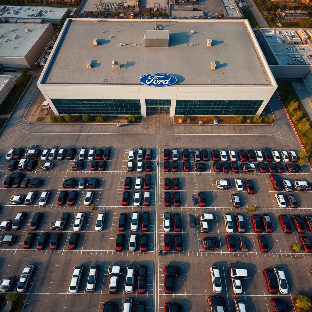 An aerial view of a large Ford manufacturing facility with rows of newly manufactured vehicles in the parking lot. The image shows the scale of production with the Ford logo visible on the building, conveying the magnitude of the recall affecting over a million vehicles.