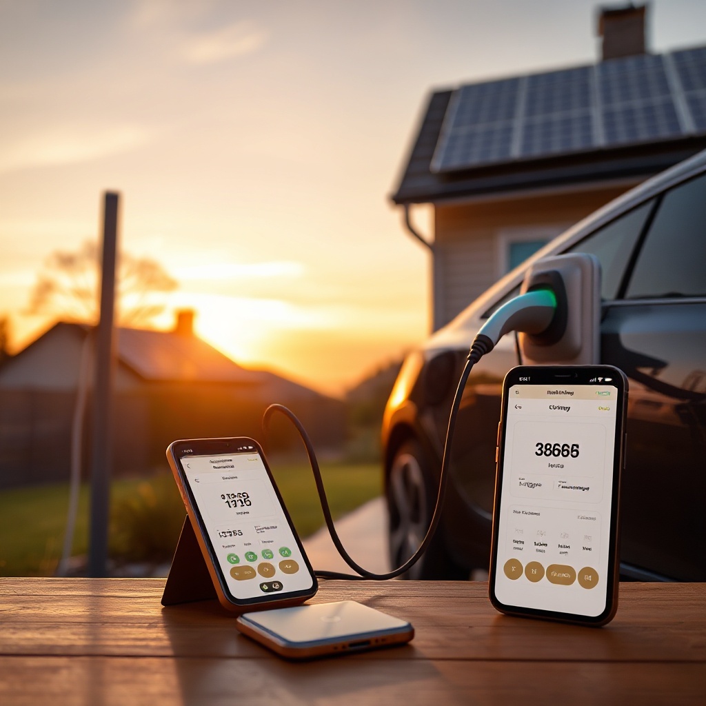 An electric vehicle charging at a residential charging station during sunset, with solar panels visible on the home's roof. The charging cable connects to a modern EV while a smartphone displaying the charging app with savings information sits on a nearby table. The warm golden light of sunset creates a serene atmosphere, symbolizing off-peak charging during the evening transition.