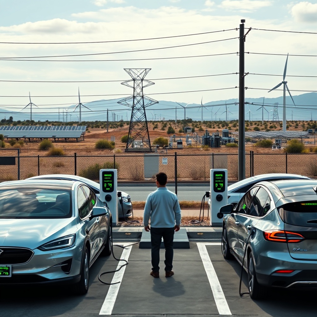 A wide-angle view of a California electrical grid substation with solar farms and wind turbines visible in the background. In the foreground, multiple electric vehicles are connected to smart charging stations in a public charging plaza. Digital displays on the chargers show real-time pricing information, with green indicators showing low-cost periods. The scene represents the integration of renewable energy with smart EV charging.
