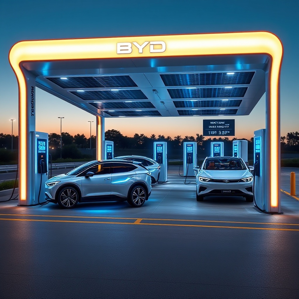 A sleek, futuristic BYD megawatt charging station with multiple 1 MW chargers installed at a highway service area. Several BYD Han L and Tang L vehicles are connected to the chargers with glowing blue charging cables. The charging station has a distinctive canopy with BYD branding and integrated solar panels, while digital displays show charging speeds of 1 MW and rapidly increasing range numbers.