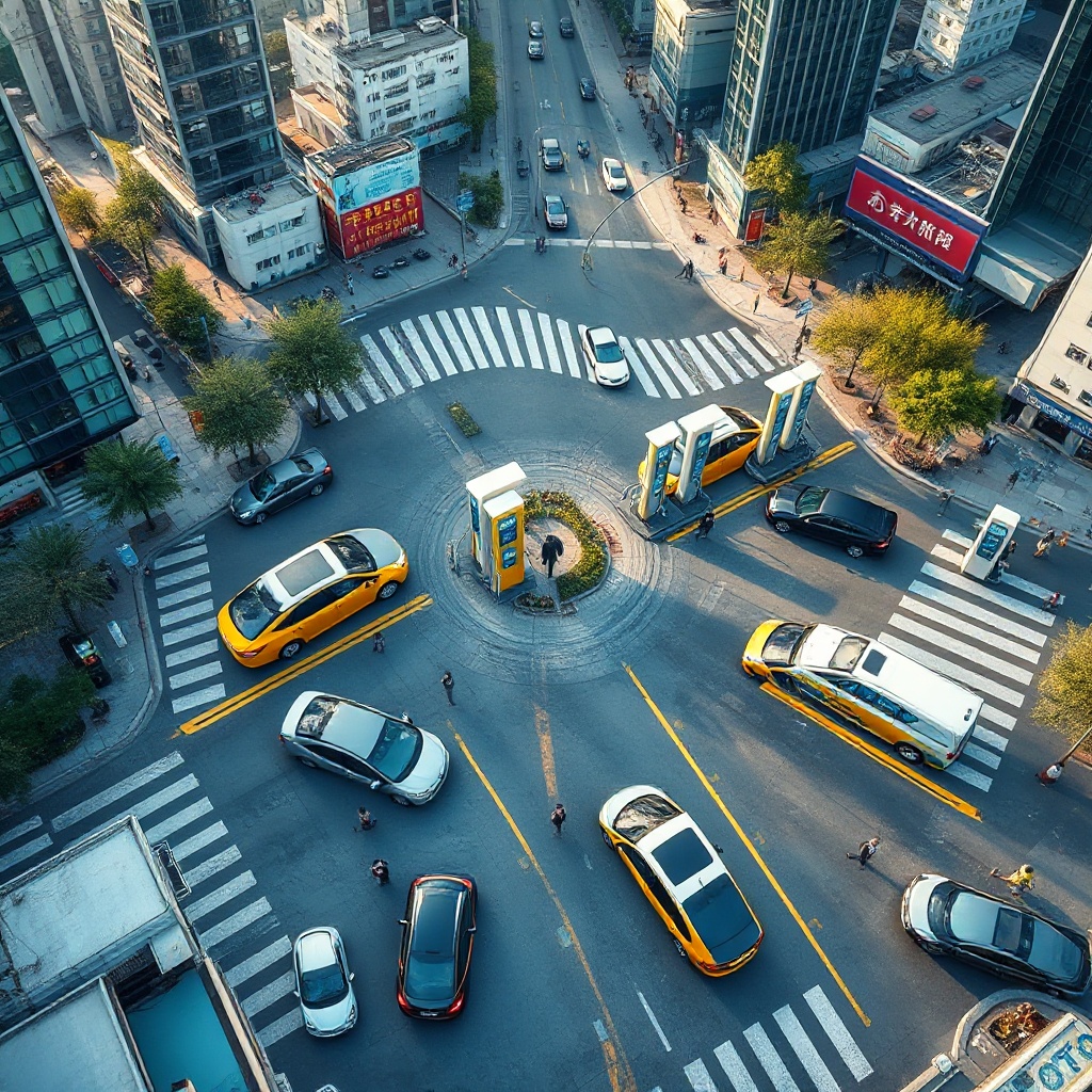 An aerial view of a busy urban intersection in a modern Chinese city with multiple BYD megawatt charging stations integrated into the cityscape. The charging stations are being used by various electric vehicles including taxis and private cars. The image shows the scale of deployment with several charging bays occupied simultaneously, demonstrating how the technology is being embedded into everyday city infrastructure.