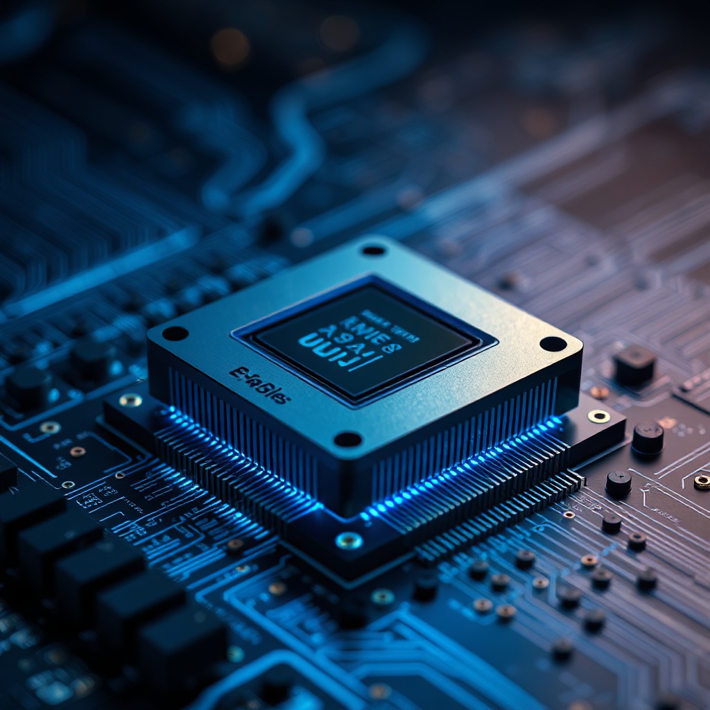A sleek, modern E-Series GPU chip on a circuit board with subtle blue lighting, showing the compact design that houses both AI and graphics processing capabilities. The image should highlight the advanced architecture with visible neural processing units and graphics cores, set against a backdrop suggesting edge computing applications like autonomous vehicles, smart devices, and industrial sensors.