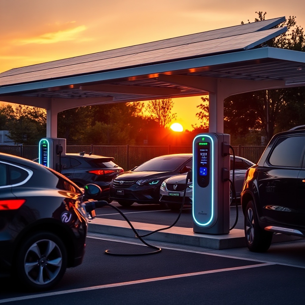 A modern, sleek DC fast charging station in operation at sunset, with multiple EVs plugged in simultaneously. The charging stations feature illuminated status indicators, and the scene shows diverse EV models (sedan, SUV, pickup) representing the growing variety of electric vehicles. Solar panels are visible on the canopy above the chargers, demonstrating renewable integration.